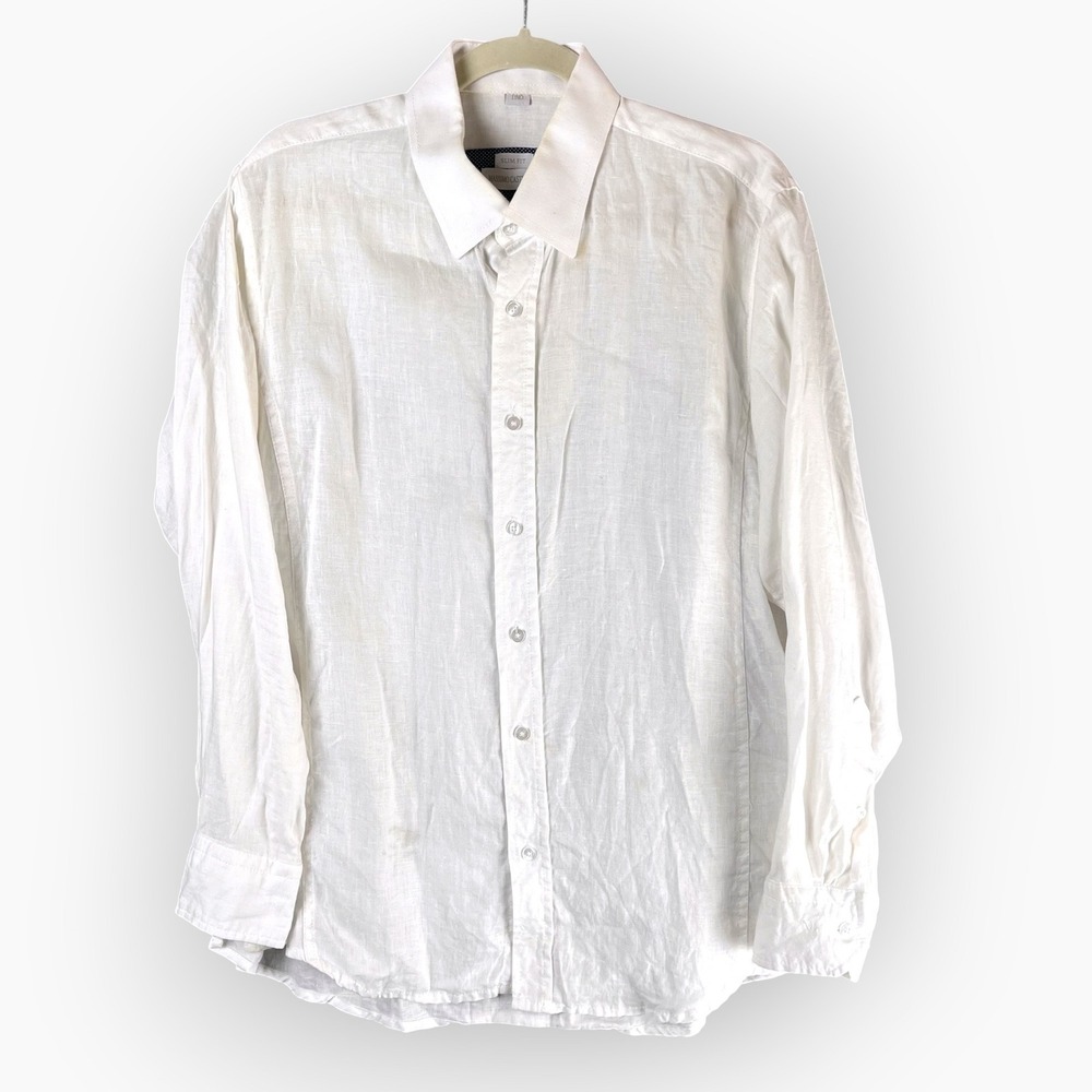 Massimo Castello Mens XL Slim Fit 100% Linen Long Sleeve Button Down Shirt White